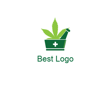 marijuana leaf with first aid sign mortar and pestle