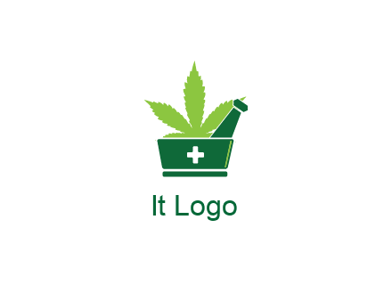 marijuana leaf with first aid sign mortar and pestle