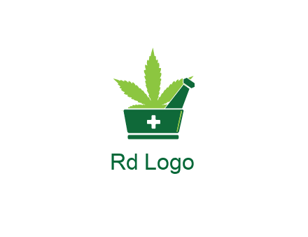 marijuana leaf with first aid sign mortar and pestle