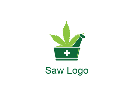 marijuana leaf with first aid sign mortar and pestle