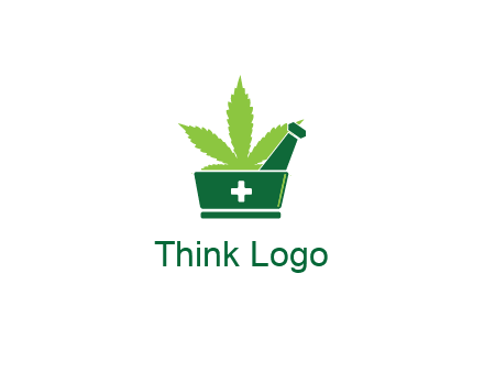 marijuana leaf with first aid sign mortar and pestle