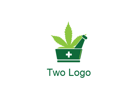 marijuana leaf with first aid sign mortar and pestle