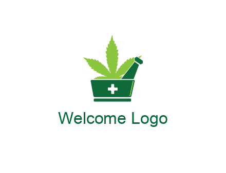 marijuana leaf with first aid sign mortar and pestle