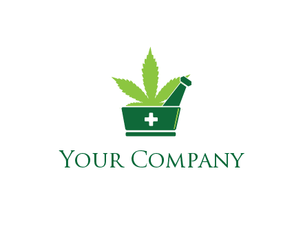 marijuana leaf with first aid sign mortar and pestle