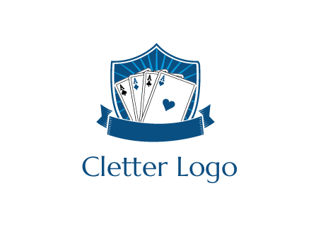 playing card in shield with banner