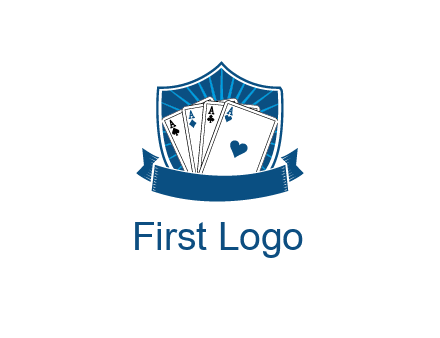 playing card in shield with banner