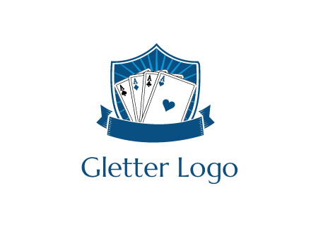 playing card in shield with banner