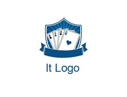 playing card in shield with banner