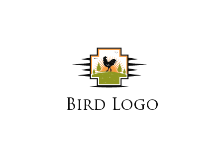 chicken with sun and trees in field in first aid sign