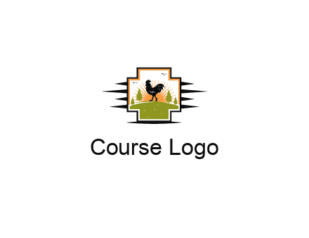 chicken with sun and trees in field in first aid sign