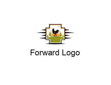 chicken with sun and trees in field in first aid sign