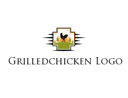 chicken with sun and trees in field in first aid sign