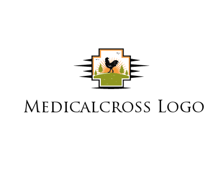 chicken with sun and trees in field in first aid sign