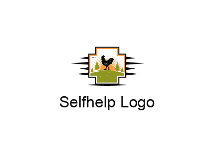 chicken with sun and trees in field in first aid sign