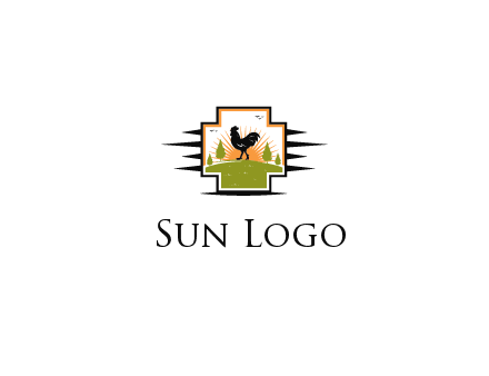 chicken with sun and trees in field in first aid sign