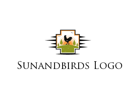 chicken with sun and trees in field in first aid sign