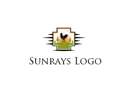 chicken with sun and trees in field in first aid sign