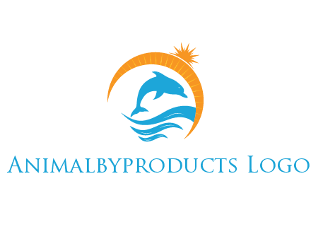 ocean waves with dolphin jumping and sun