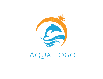 ocean waves with dolphin jumping and sun