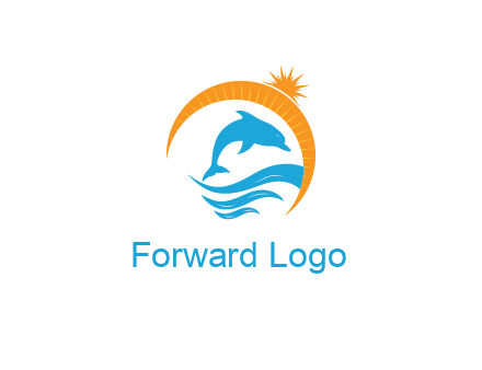 ocean waves with dolphin jumping and sun