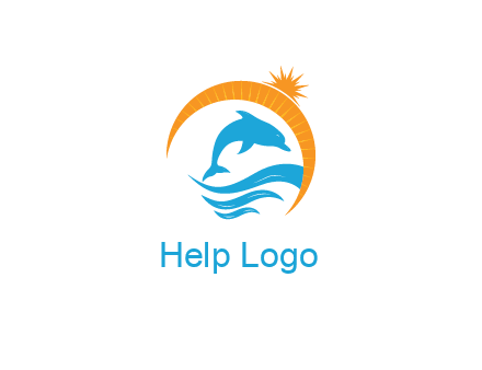 ocean waves with dolphin jumping and sun