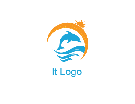 ocean waves with dolphin jumping and sun