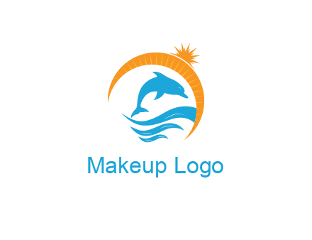 ocean waves with dolphin jumping and sun