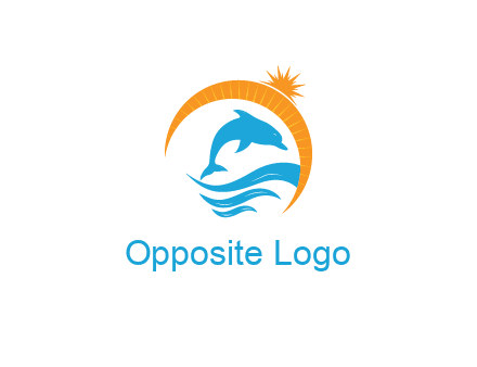 ocean waves with dolphin jumping and sun