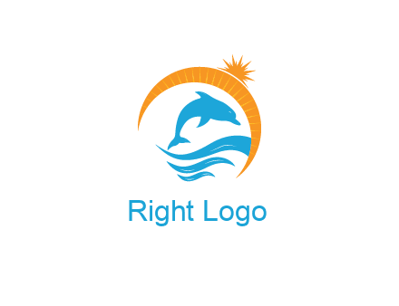ocean waves with dolphin jumping and sun