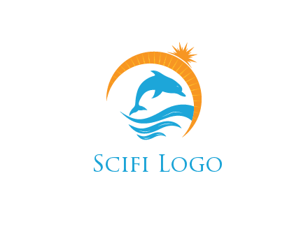 ocean waves with dolphin jumping and sun