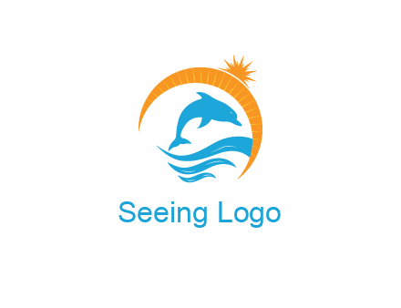 ocean waves with dolphin jumping and sun