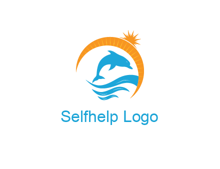 ocean waves with dolphin jumping and sun