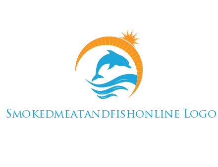 ocean waves with dolphin jumping and sun