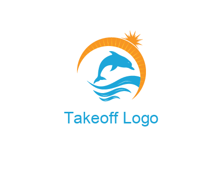 ocean waves with dolphin jumping and sun