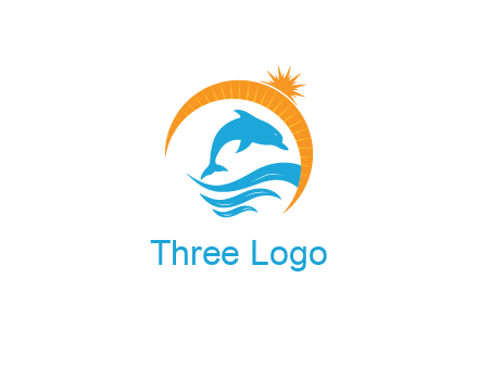 ocean waves with dolphin jumping and sun