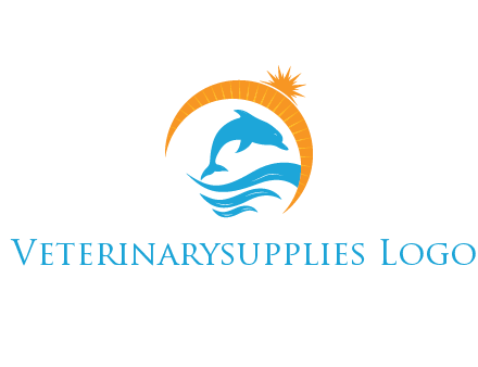 ocean waves with dolphin jumping and sun
