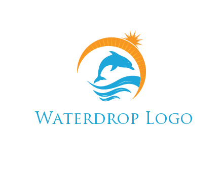 ocean waves with dolphin jumping and sun