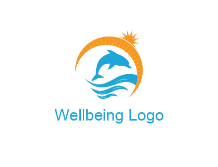 ocean waves with dolphin jumping and sun