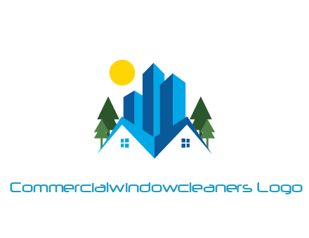 houses and skyscrapers with trees and sun