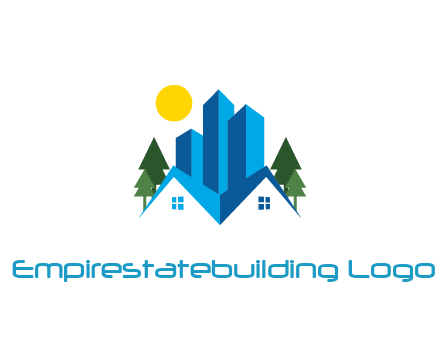 houses and skyscrapers with trees and sun
