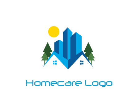 houses and skyscrapers with trees and sun