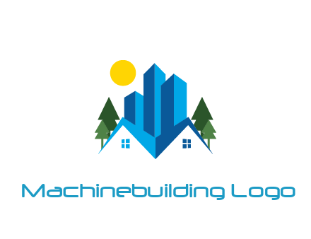 houses and skyscrapers with trees and sun