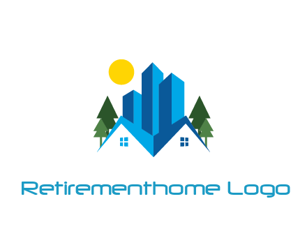 houses and skyscrapers with trees and sun