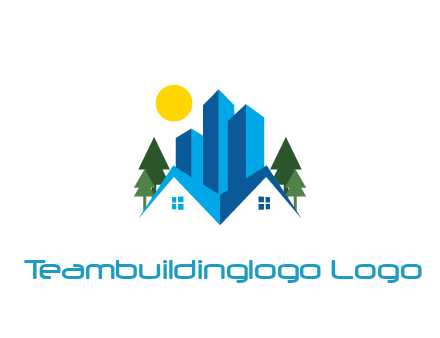 houses and skyscrapers with trees and sun