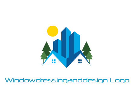 houses and skyscrapers with trees and sun