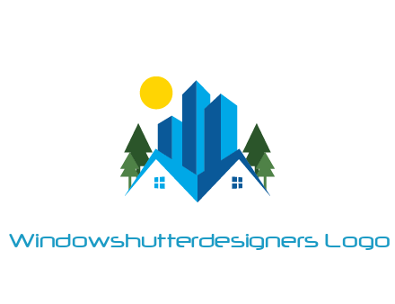 houses and skyscrapers with trees and sun