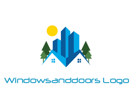houses and skyscrapers with trees and sun
