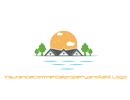sun behind houses with trees and lake