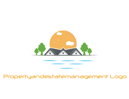 sun behind houses with trees and lake