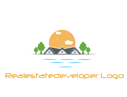 sun behind houses with trees and lake